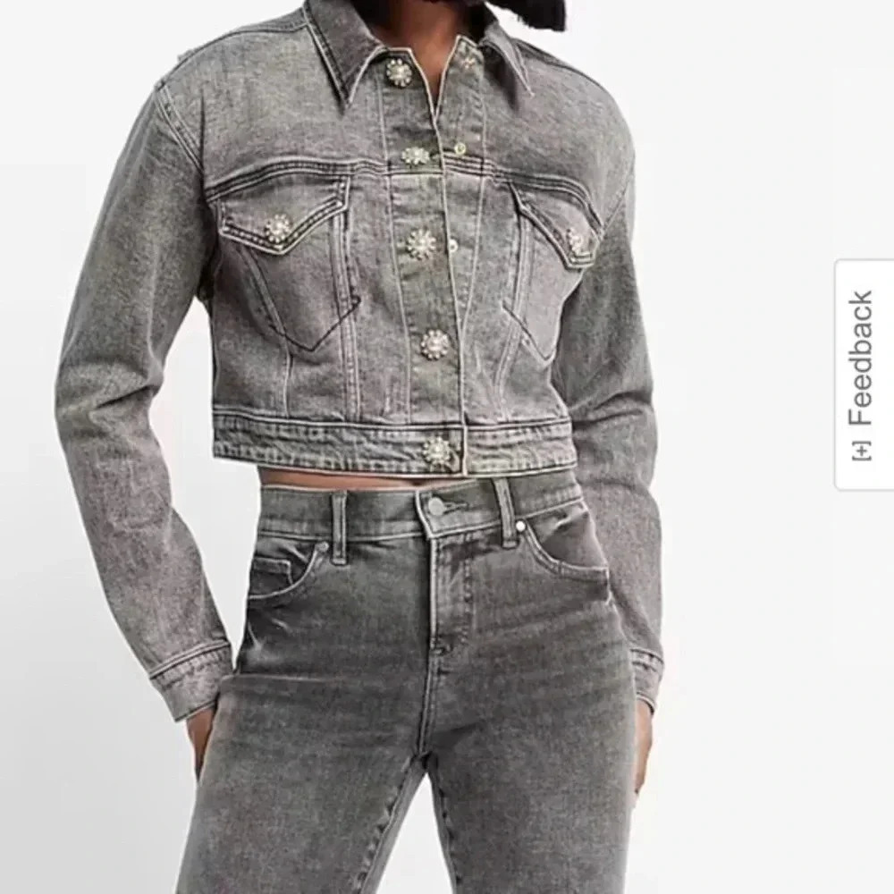 Express Embellished Gray Wash Cropped Denim Trucker Jacket